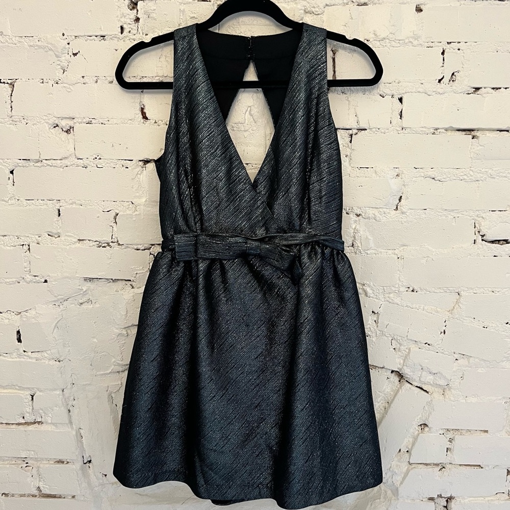 Parker Gun Metal Metallic Mini Dress with back cutout and bow